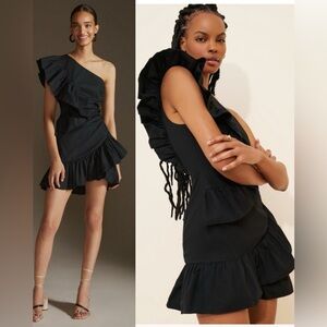 Anthropologie One-Shoulder Black Ruffle Mini Dress